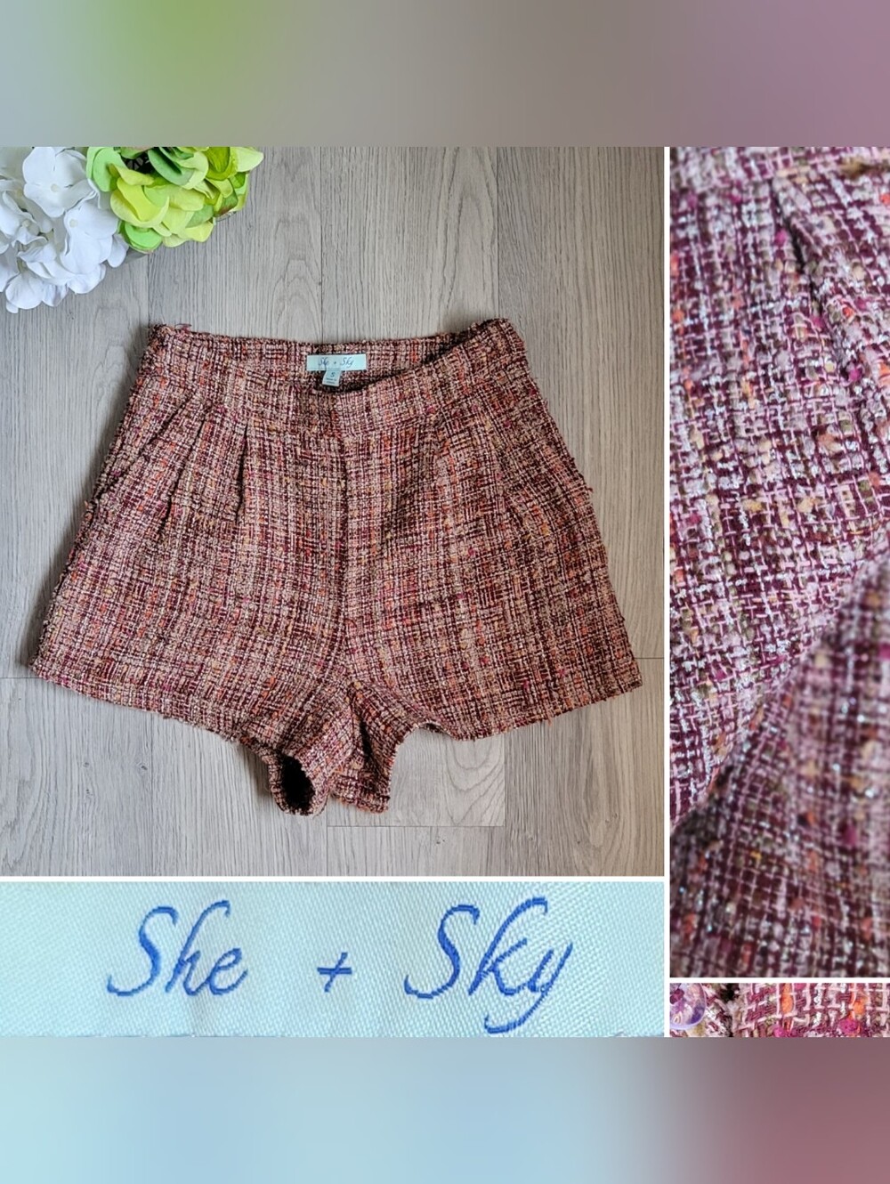 She + Sky Tweed High-Waist Pleated Burgundy Pink Shorts, Women Small